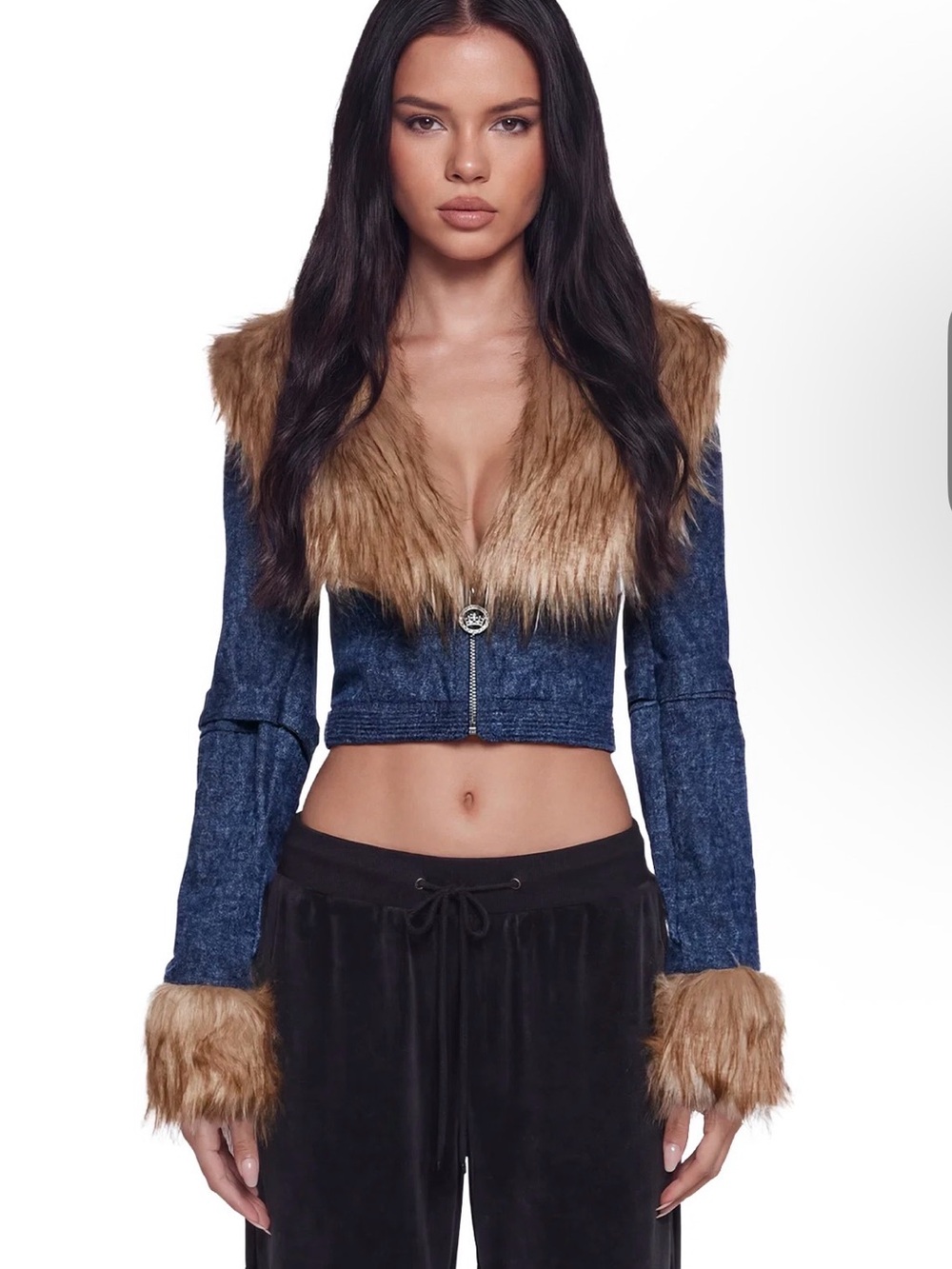Generation Kiss Faux Fur-Trimmed Denim Crop Jacket - Brown/Blue